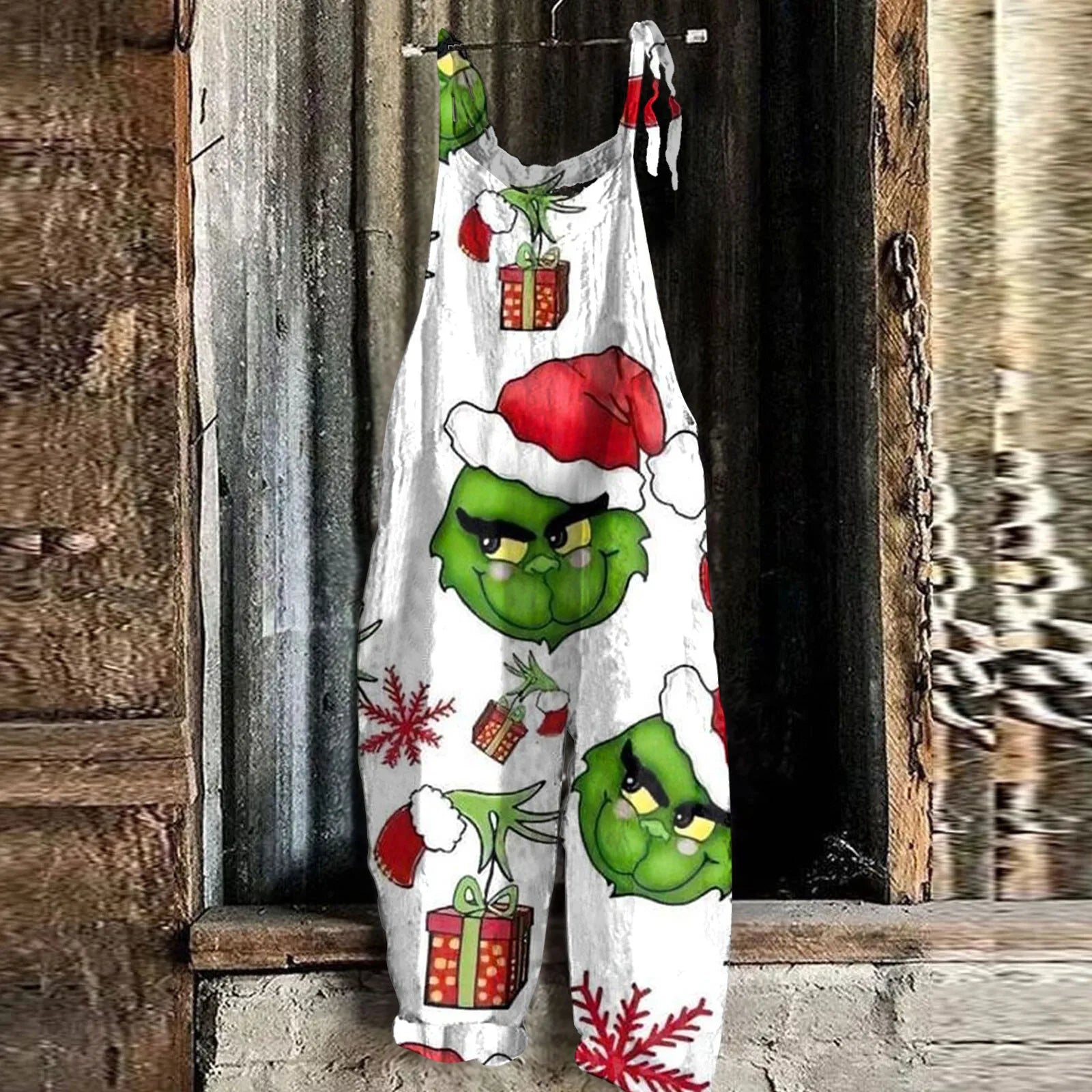 Kawaii Cartoon Print Casual Loose Vintage Strappy Jumpsuit Women's Fashion Festival Pants with Christmas Theme