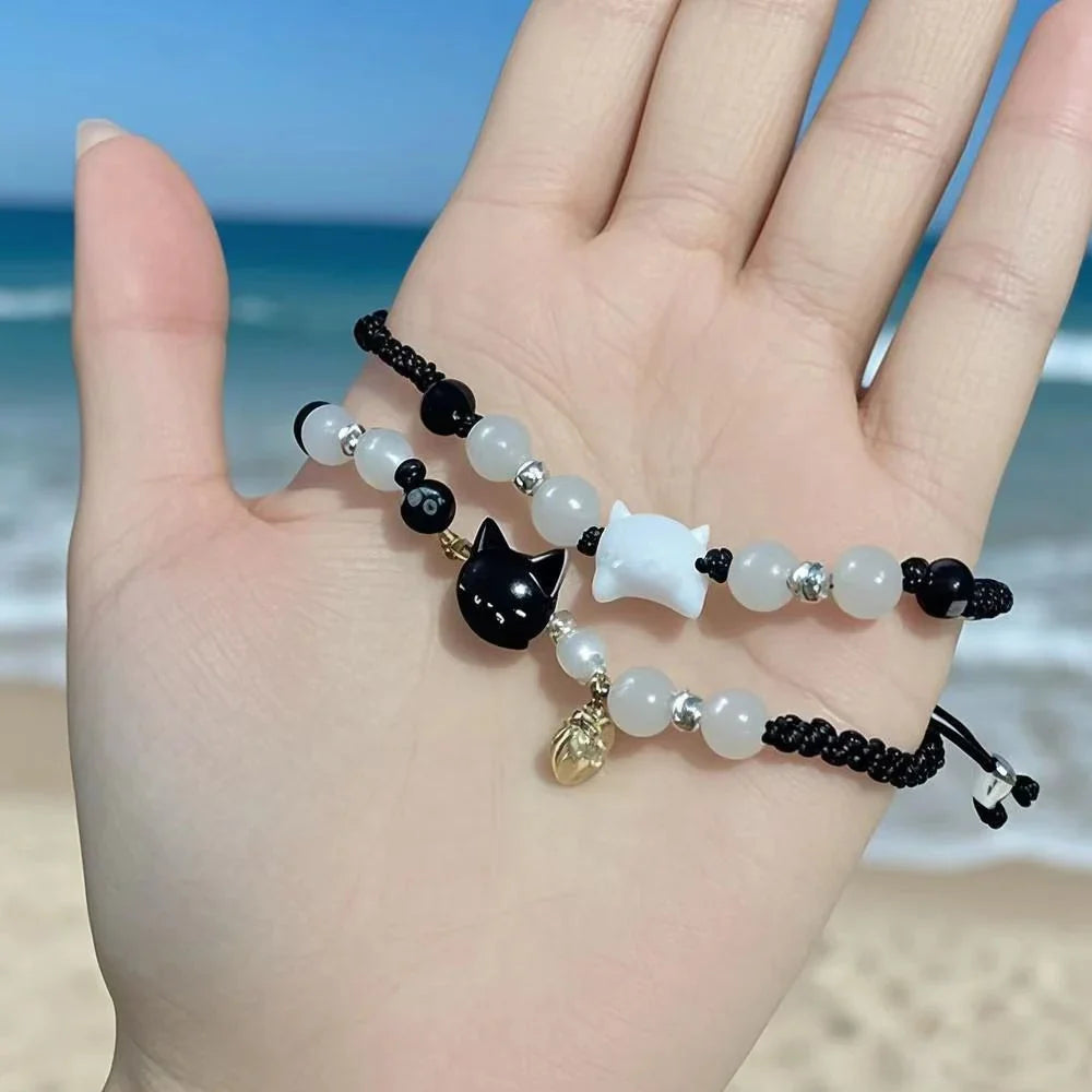 Natural Moonstone Obsidian Couple Bracelets Handmade Minimalist Cat Design Party Jewelry Gifts