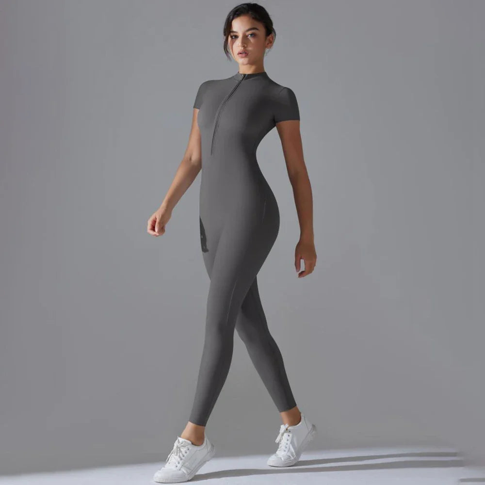 Womens Short Sleeve Yoga Jumpsuit Slim Fit Stretch One Piece Romper with Front Zipper Sexy Fitness Activewear Basic Sportwear in Black