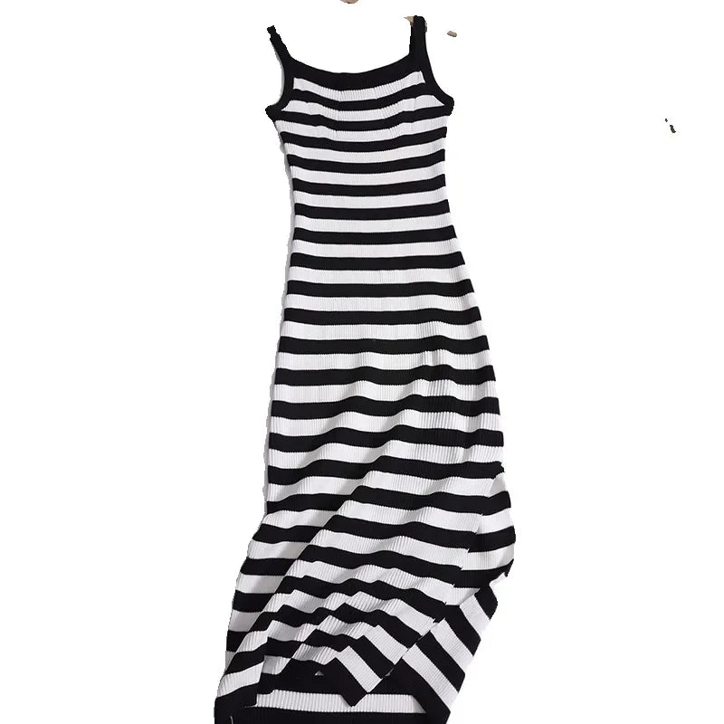 Striped Knit Slip Dress With Slim Waist For Summer Chic