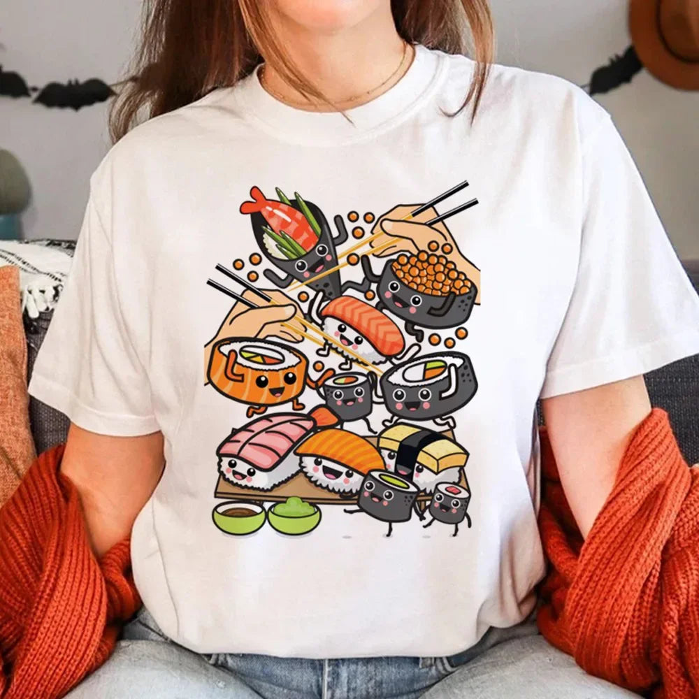 Sushi T-Shirt for Women Summer Manga Graphic Tees Casual Wear