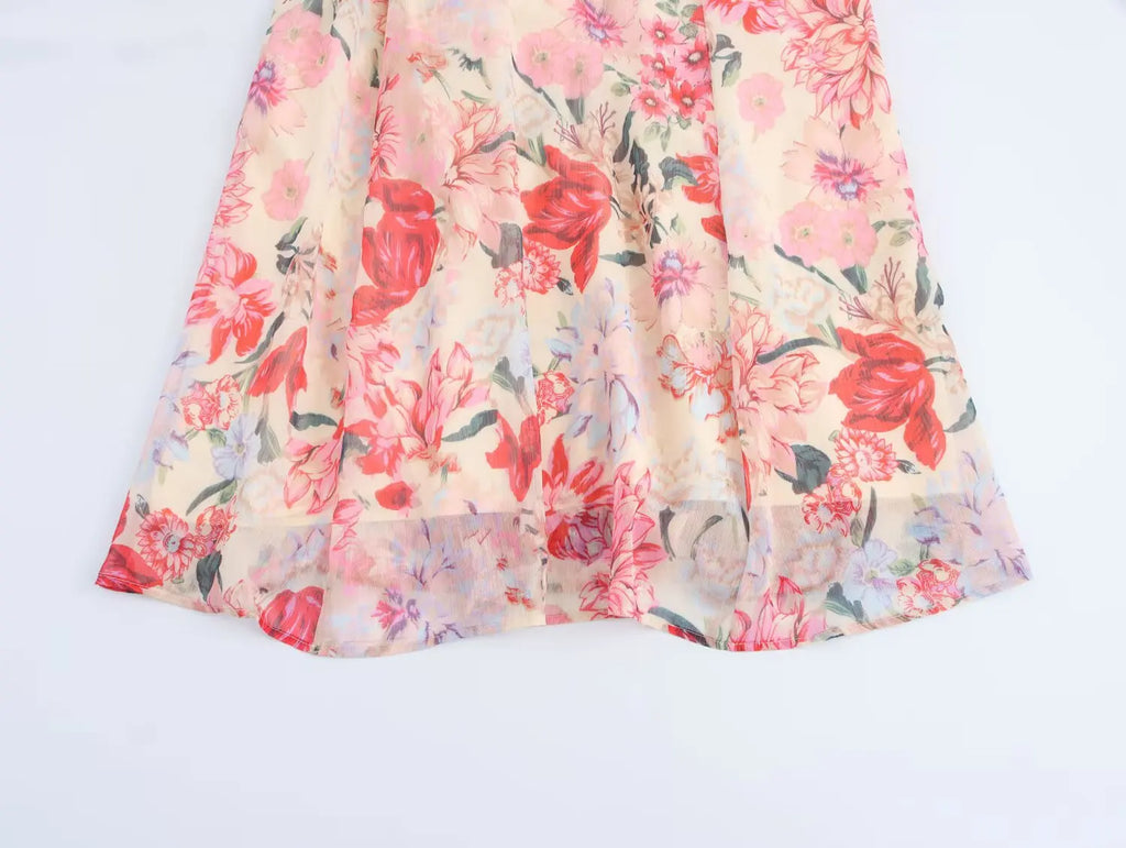 Floral Print Midi Dress With High Neck And Tie Front Belt