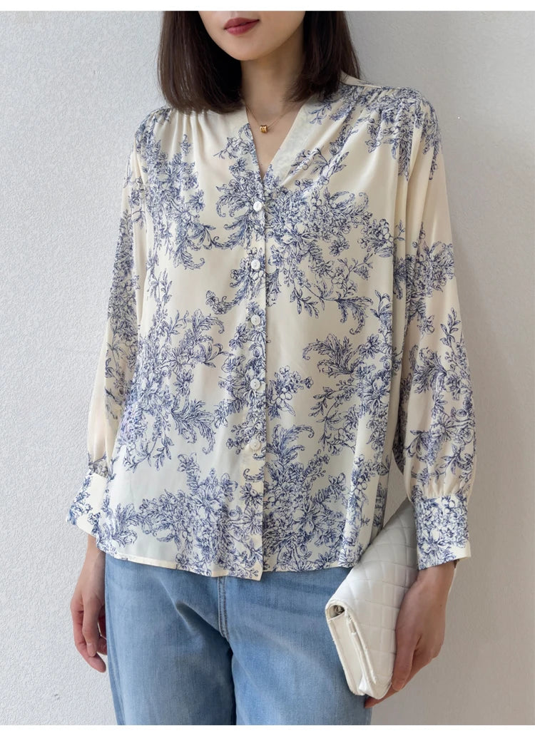 Women 100 Percent Mulberry Crepe Silk Shirt White Floral Button Down Long Sleeve Blouse Elegant Office Top M L XL