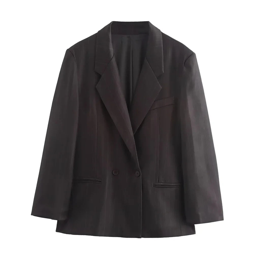 Autumn Women's Fashion Striped Loose Suit Coat with Buckle Decoration and High Waist Striped Pants Set