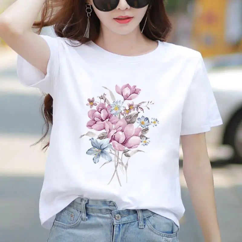 Women's Cute Floral Graphic T-Shirt Casual Short Sleeve Tee 90s Trendy Print Top