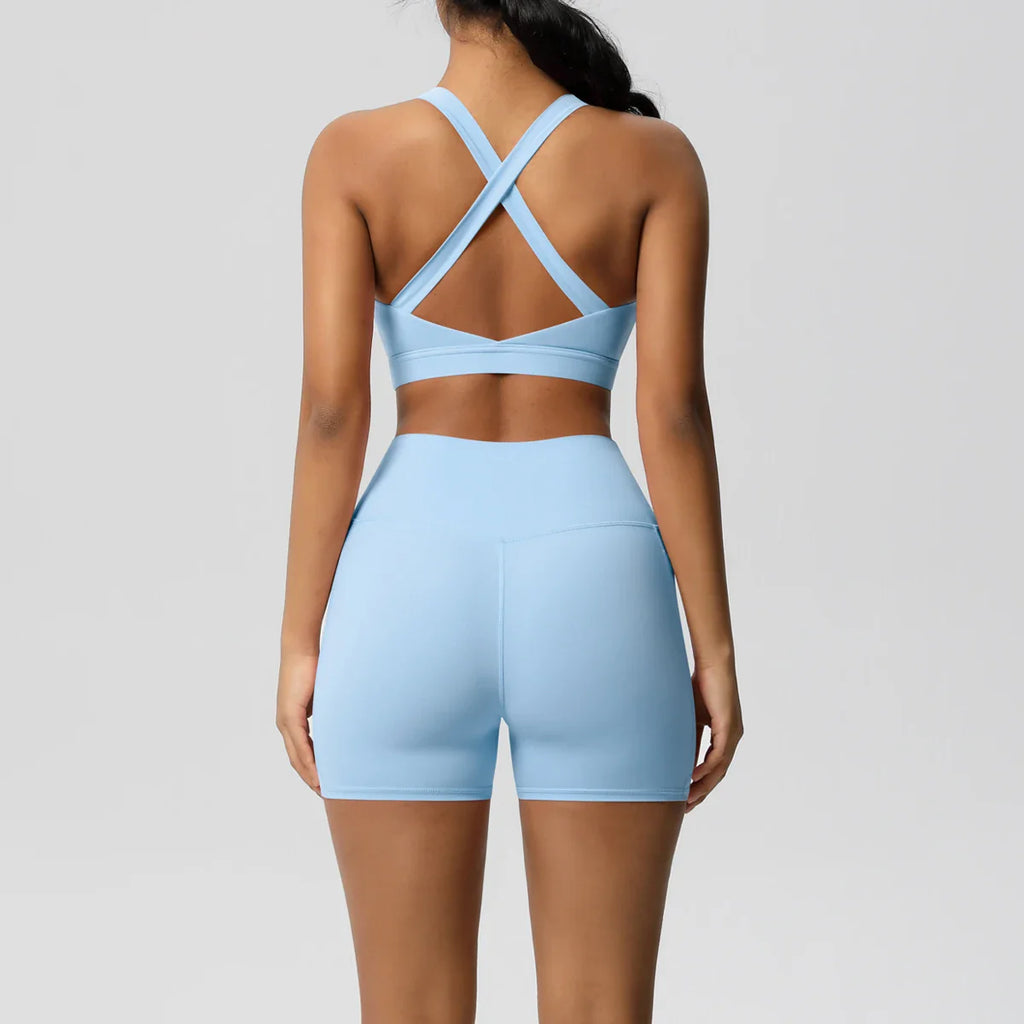 2PCS Pocketed Yoga Set for Women with Crossover Bra and Gym Leggings Workout Tracksuit Sports Shorts Activewear