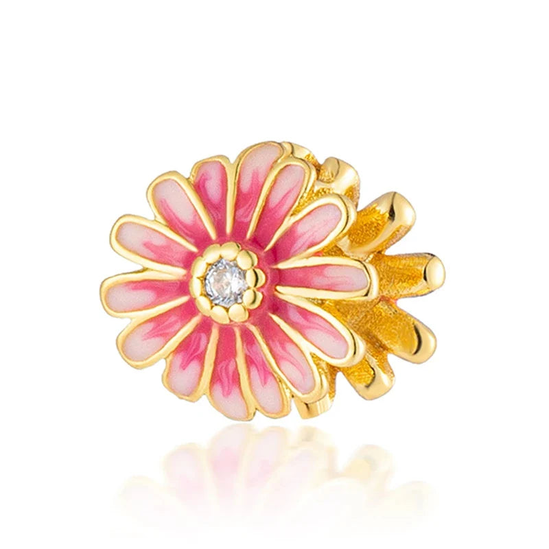 Sparkling Pink Cherry Blossom Daisy Charm Beads for 925 Silver Bracelet DIY Women's Jewelry Gifts
