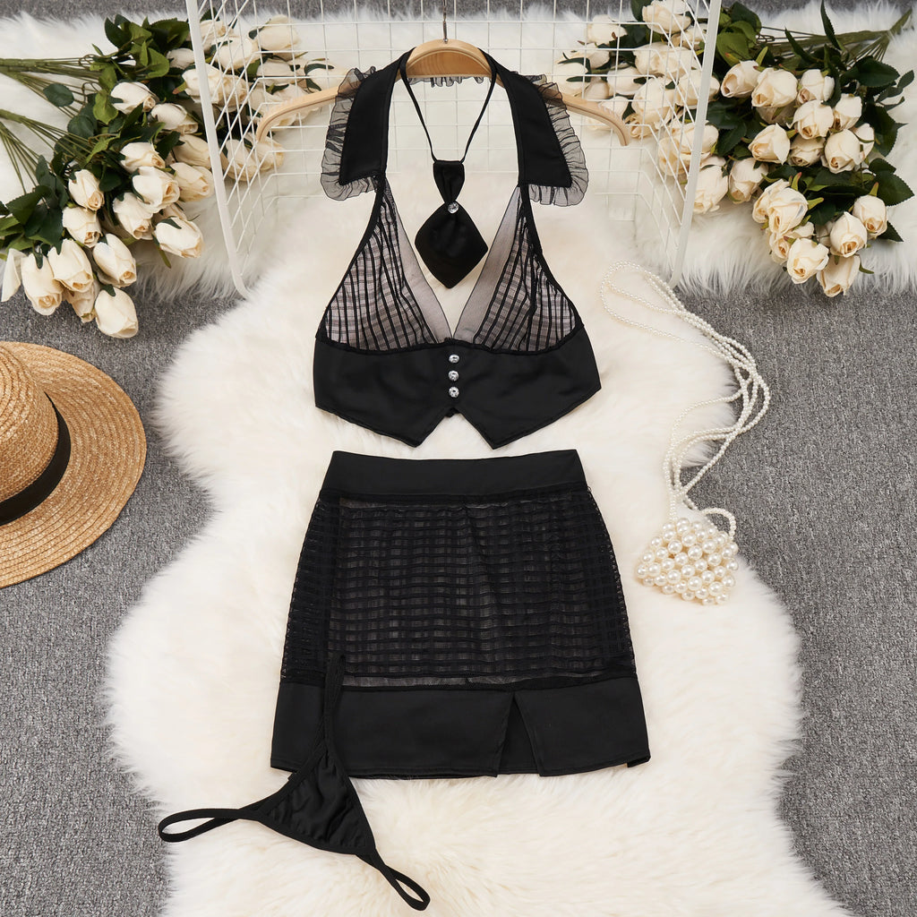 Sexy French-Inspired Lingerie Set with Button Straps Patchwork Short Skirt V-Neck Bow Tie 4-Piece Erotic Cosplay Underwear Suit