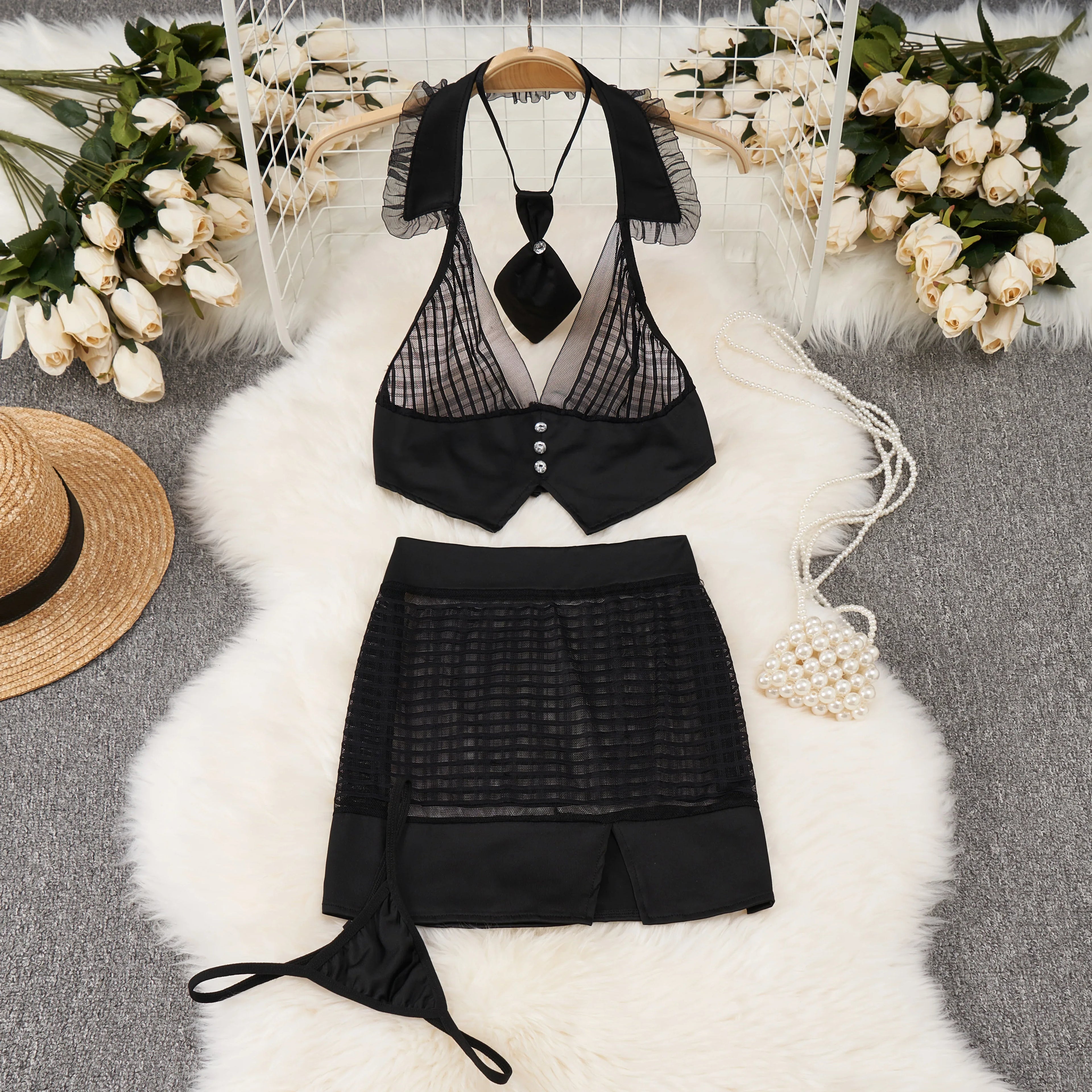 Sexy French-Inspired Lingerie Set with Button Straps Patchwork Short Skirt V-Neck Bow Tie 4-Piece Erotic Cosplay Underwear Suit