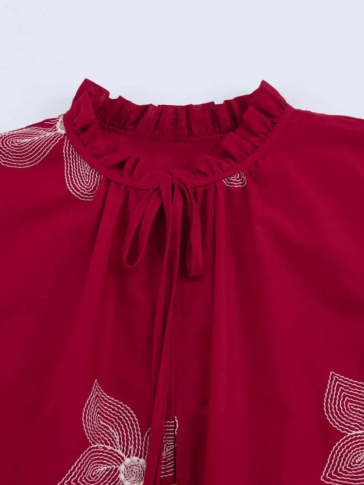 Women's Floral Embroidered Long Sleeve Button-Up Blouse Elegant Chic Shirt Top