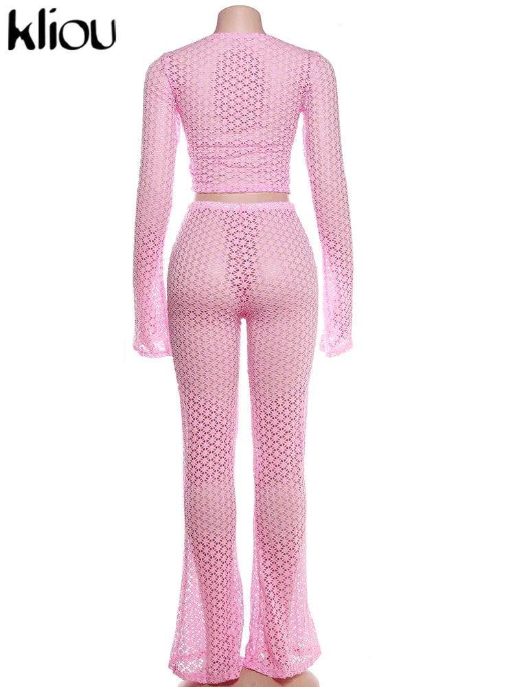 Sexy Coquette 2 Piece Set Sheer Long Sleeve Slim Top and High Waist Flare Pants Nightclub Outfit