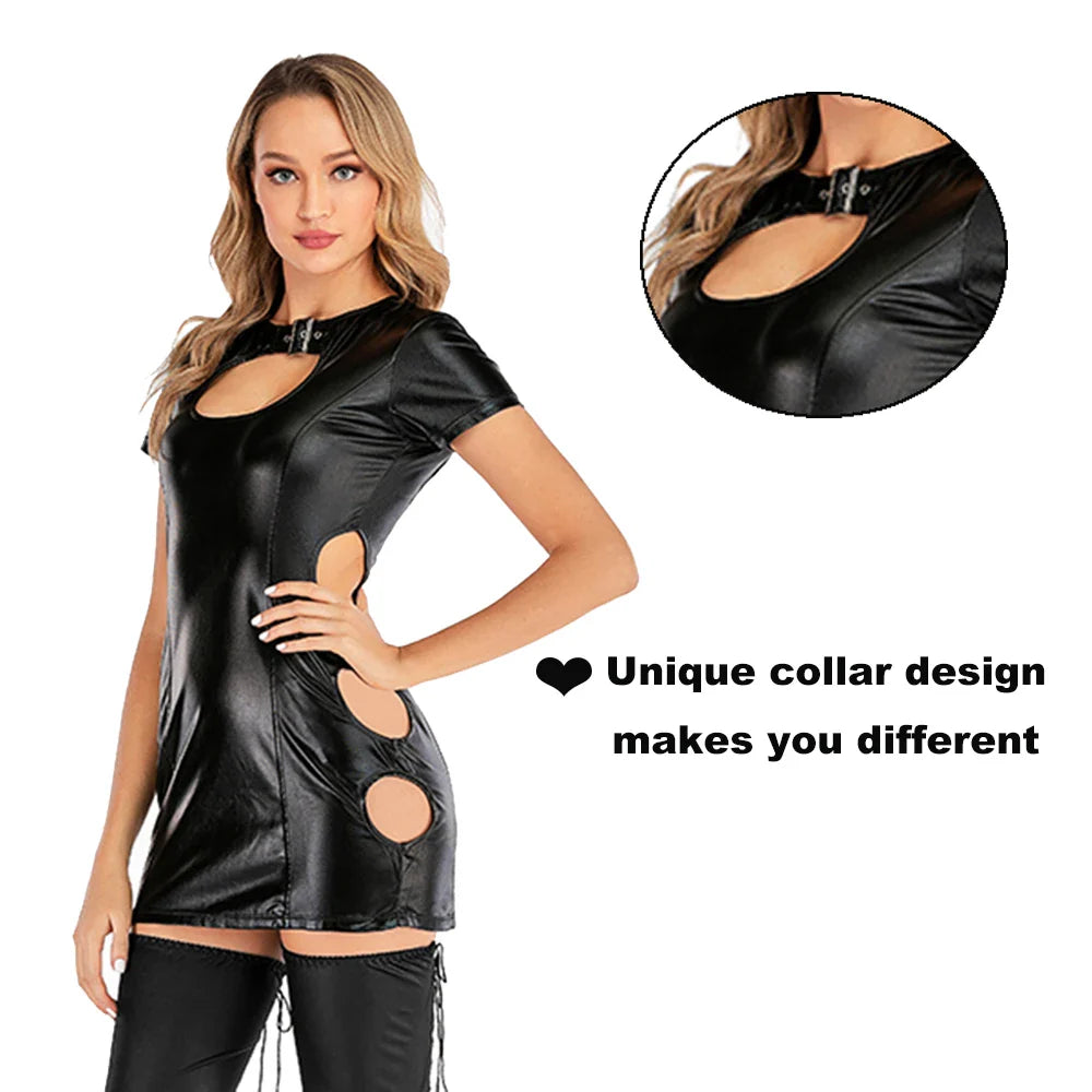 Wetlook Faux Leather Short Sleeve Bodycon Dress Open Bust