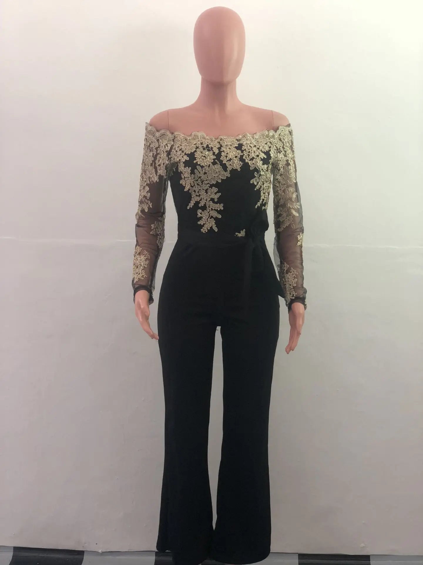 Appliques Lace Patchwork Off Shoulder Jumpsuit for Women with Slash Neck Long Sleeve and Elegant Wide Leg Pants Party Overalls