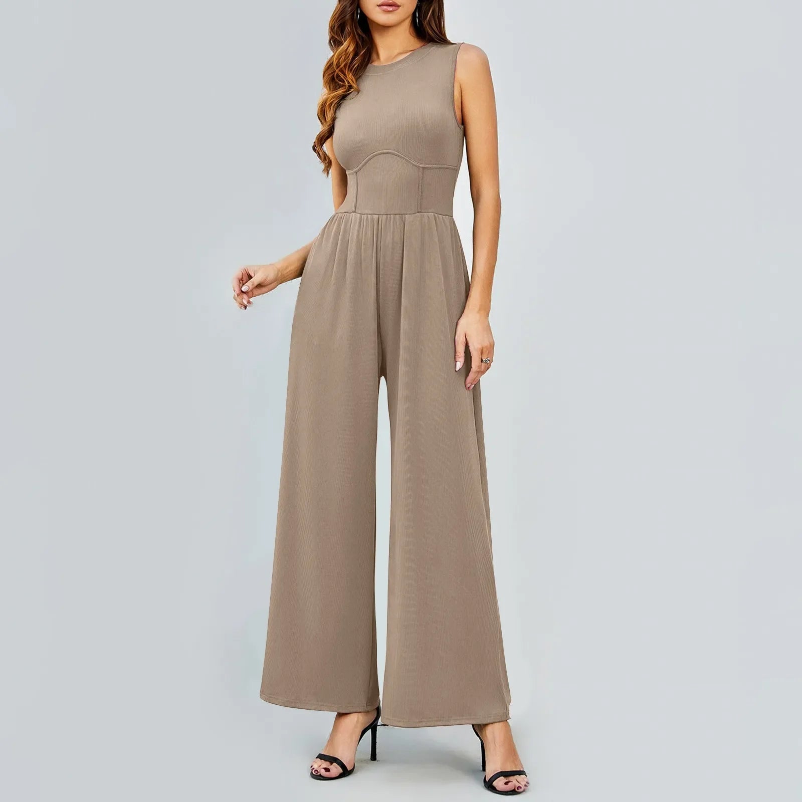 Women Sleeveless High Neck Ribbed Tank Top Jumpsuit Wide Leg Pants Romper with Tummy Control and High Waist Casual Summer Outfit