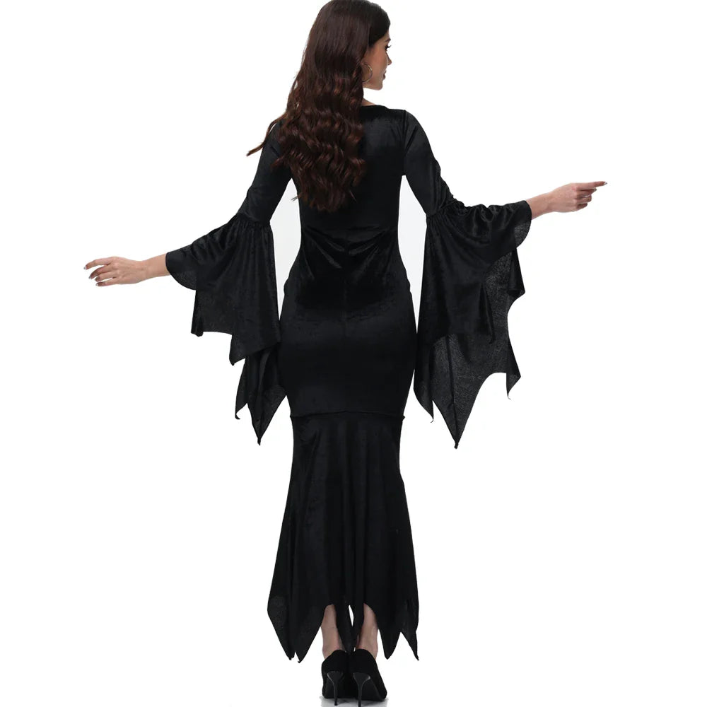 Morticia Addams Gothic Velvet Dress With Flared Sleeves