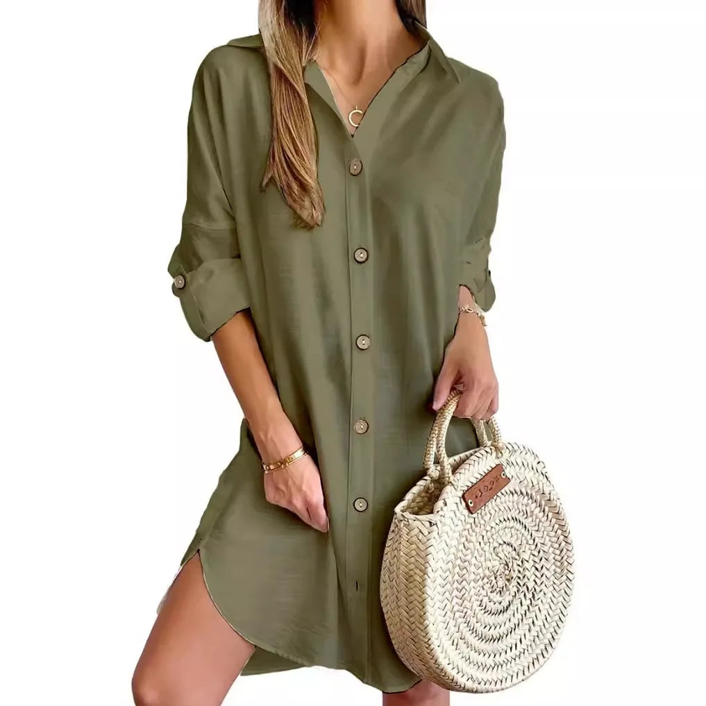 Solid Color Button Front Shirt Dress Long Sleeve Lapel