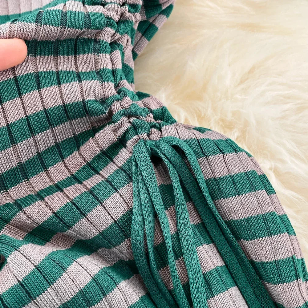 Retro Striped Maxi Dress For Women O Neck Ruched Casual