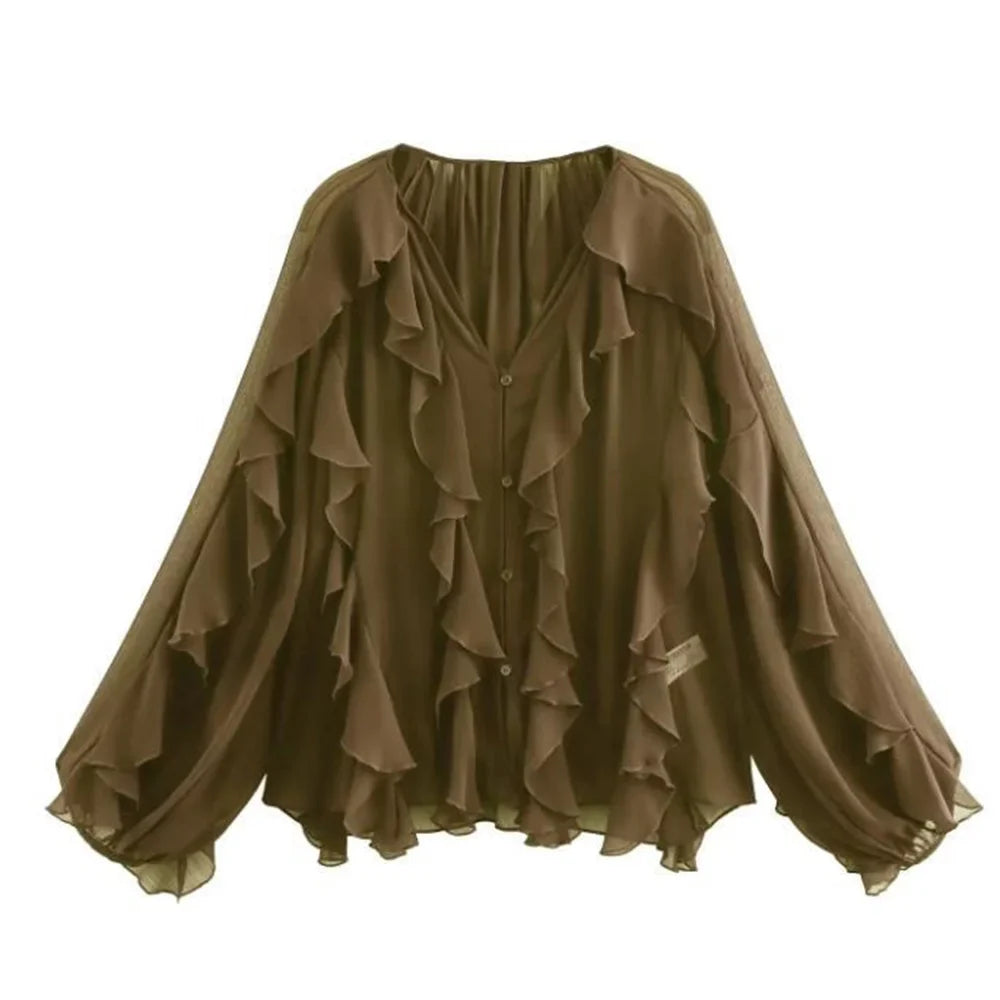 Women's Retro Loose V Neck Layered Casual Shirt Lightweight Temperament Blouse for Spring