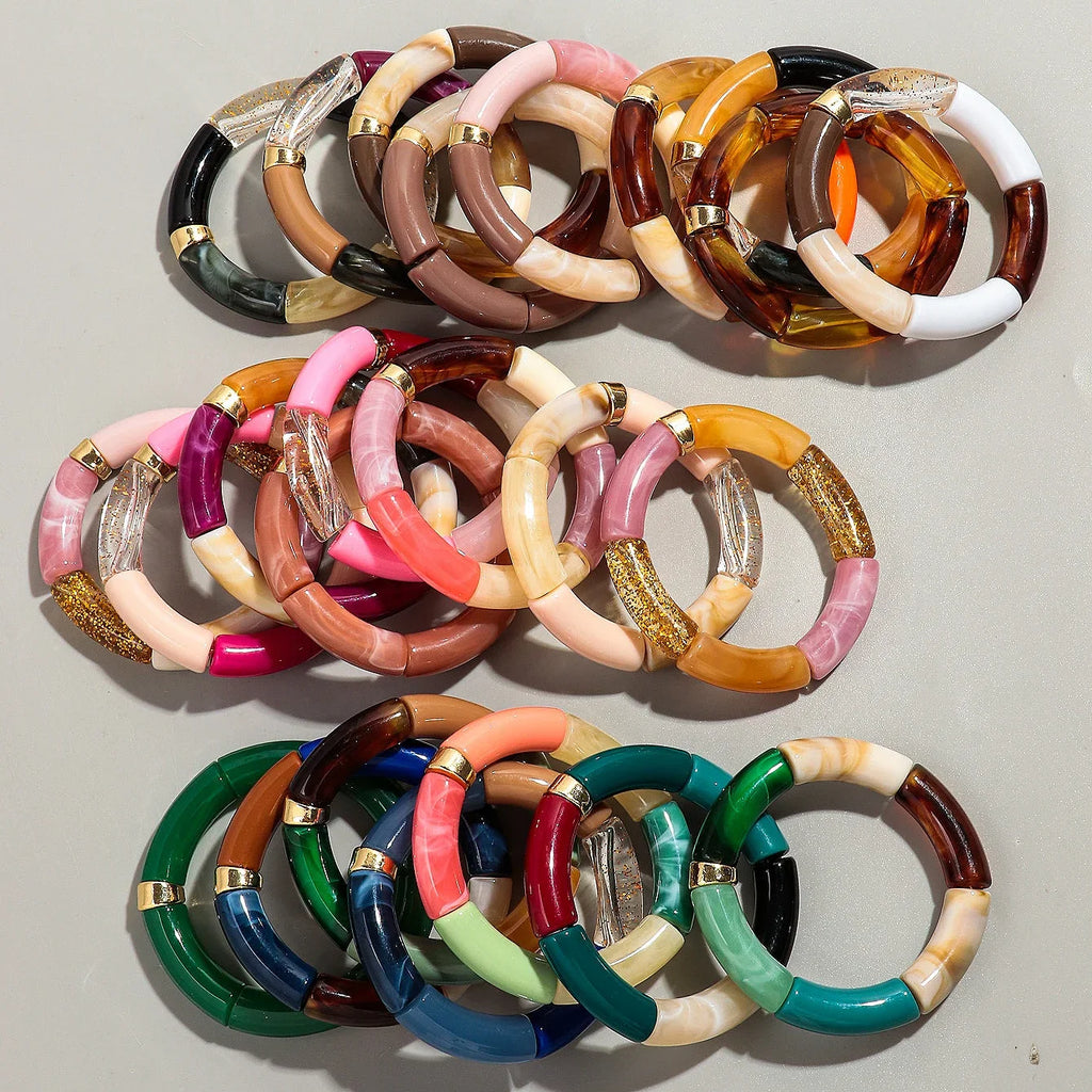 Boho Chunky Bamboo Stackable Bracelet for Women with Colorful Tube Beads and Elastic Design