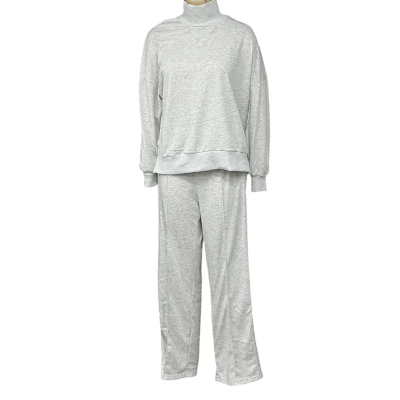 Women's Autumn Casual 2 Piece Turtleneck Pullover Top and Wide Leg Pants Set