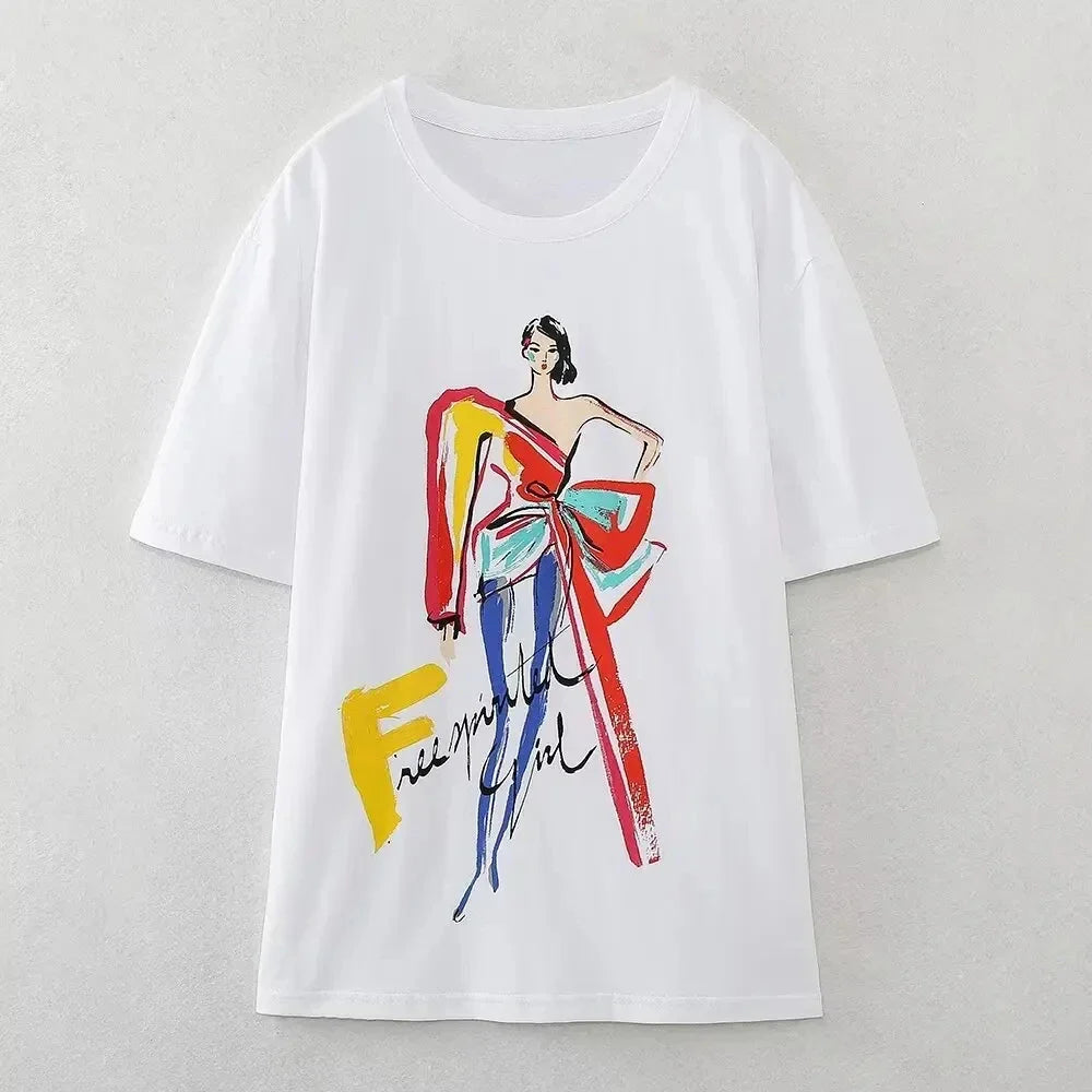Summer Women's Casual Printed Cotton T-Shirt Comfortable Breathable Short Sleeve Top