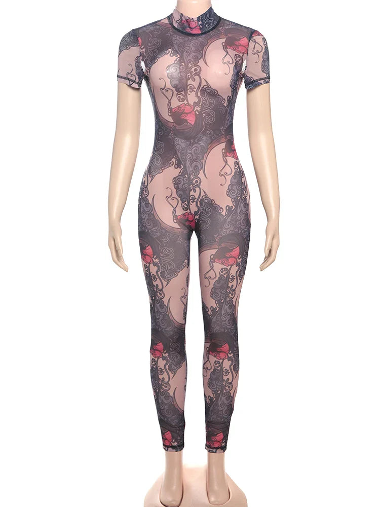 Colorful Mesh Print Jumpsuit for Women Sheer Backless Summer Clubwear Peach Buttocks Contour Tight Fit Overalls