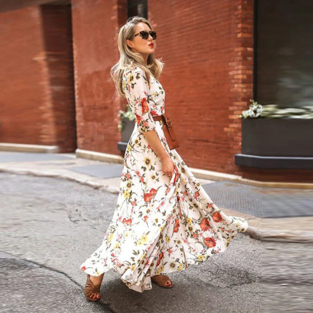 Floral Print A Line Maxi Dress With Elegant High Waist