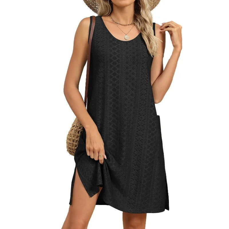 Loose Sleeveless Dress With Pockets Round Neck Solid Color