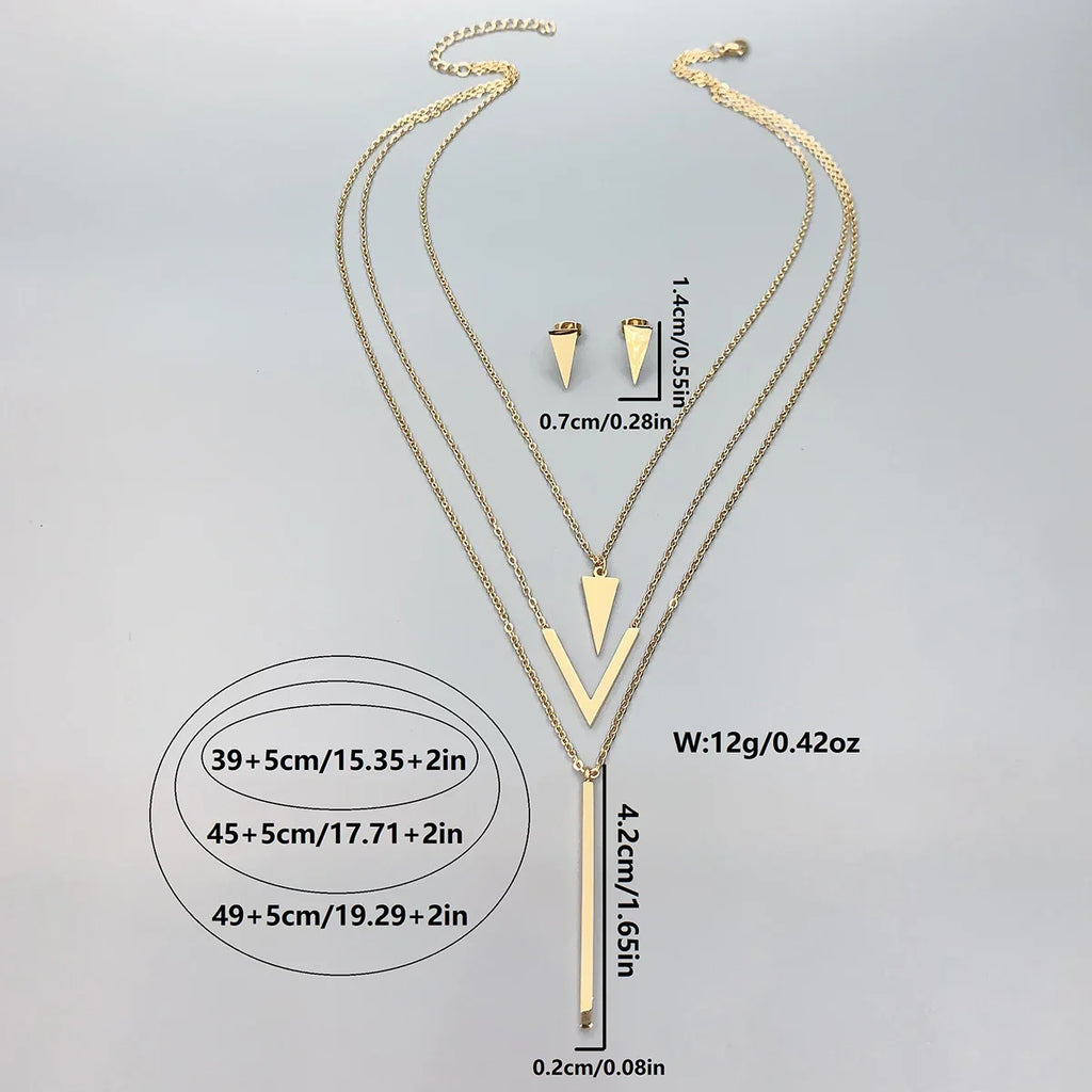 3 Piece Women's Stainless Steel V-Shaped Geometric Pendant Necklace and Earrings Set