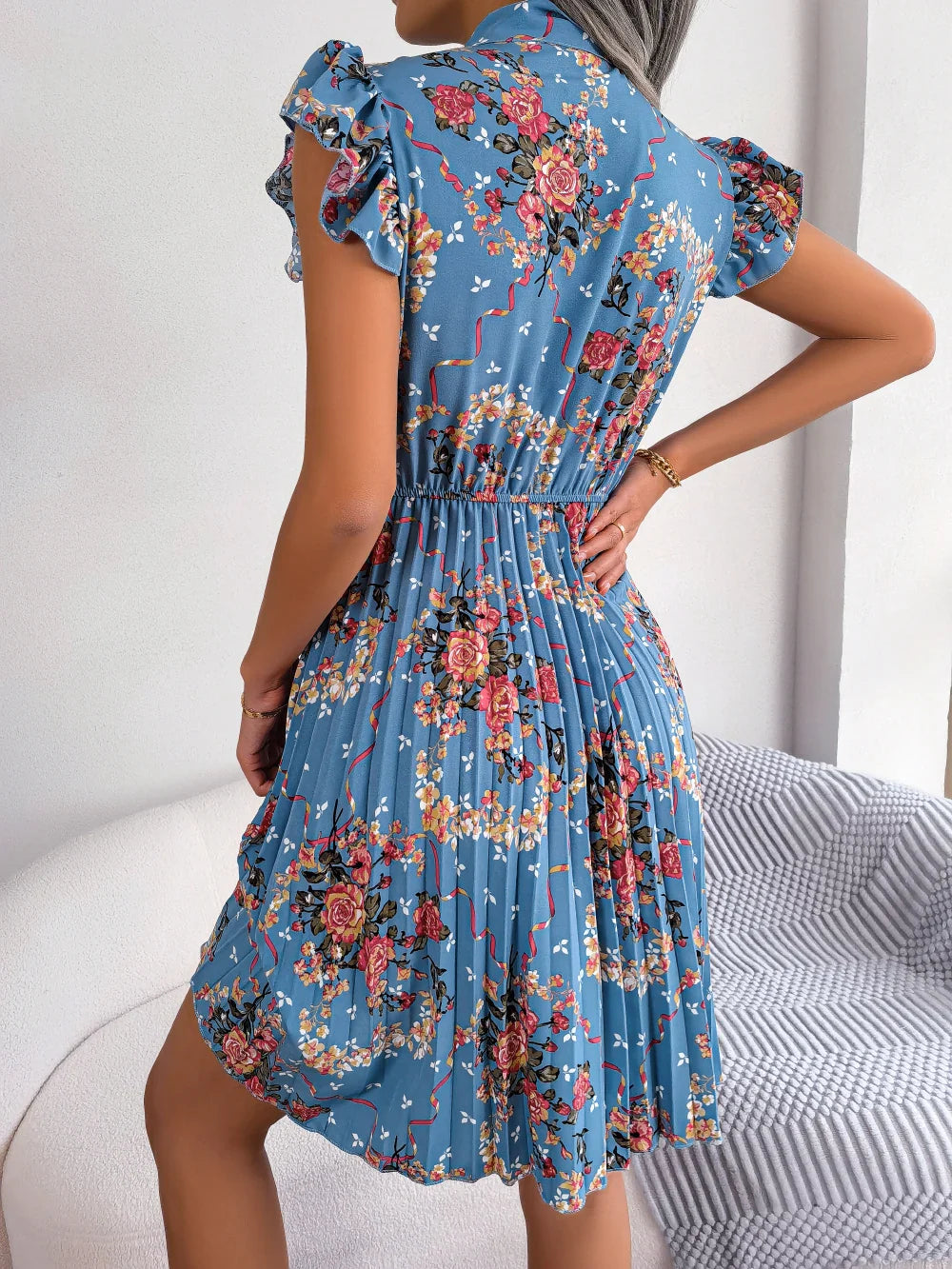 Womens Floral Print Bow Dress With Slim Pleated Waist