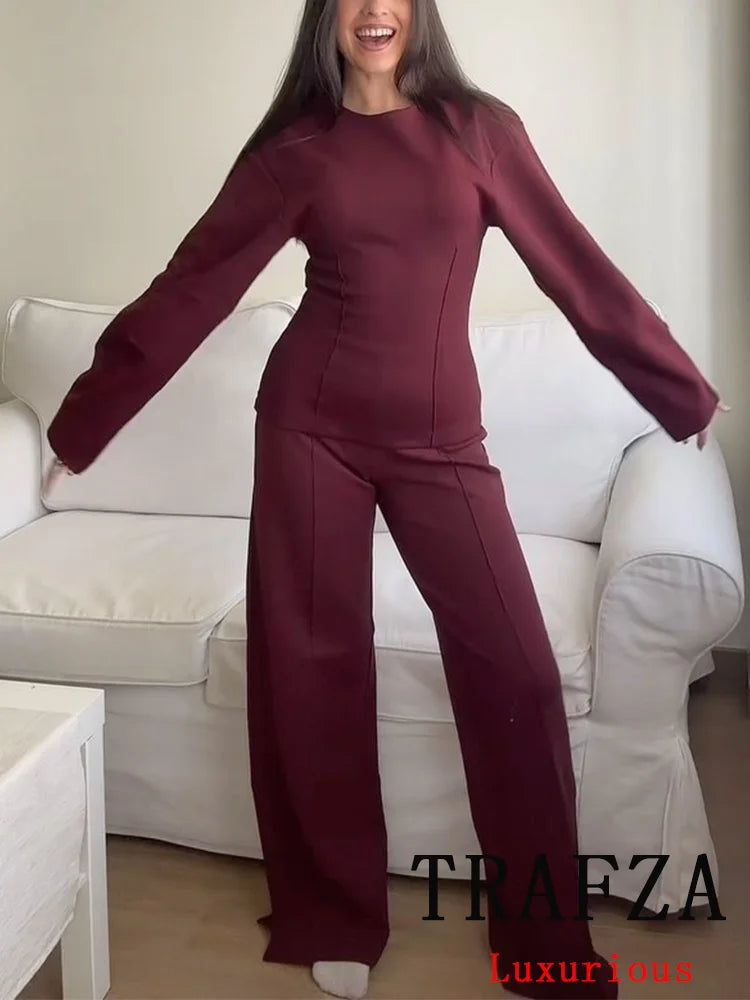 Casual Chic Red Women Elastic Two-Piece Set Long Sleeve Slim O Neck Top with High Waist Wide Leg Pants Stylish Spring Summer Outfit