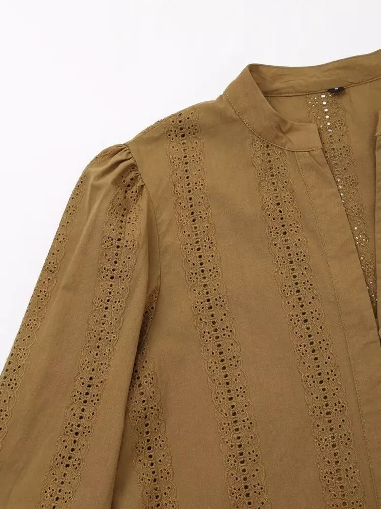 Womens Retro Casual Cotton Shirt Long Sleeve Embroidered Hollow Round Neck Lapel Top for Autumn