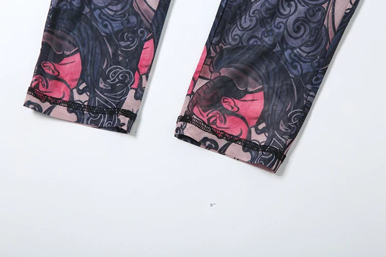 Colorful Mesh Print Jumpsuit for Women Sheer Backless Summer Clubwear Peach Buttocks Contour Tight Fit Overalls