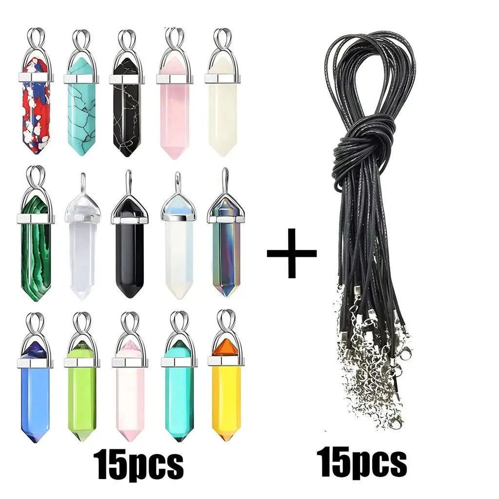 40PCS Hexagonal Chakra Crystal Pendant Necklace Set with Pointed Quartz Stones and Leather Chain Storage Bag