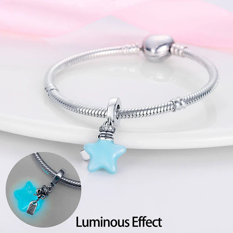 925 Sterling Silver Luminous Firefly Bulb Star Charms Pendants for DIY Bracelet Jewelry