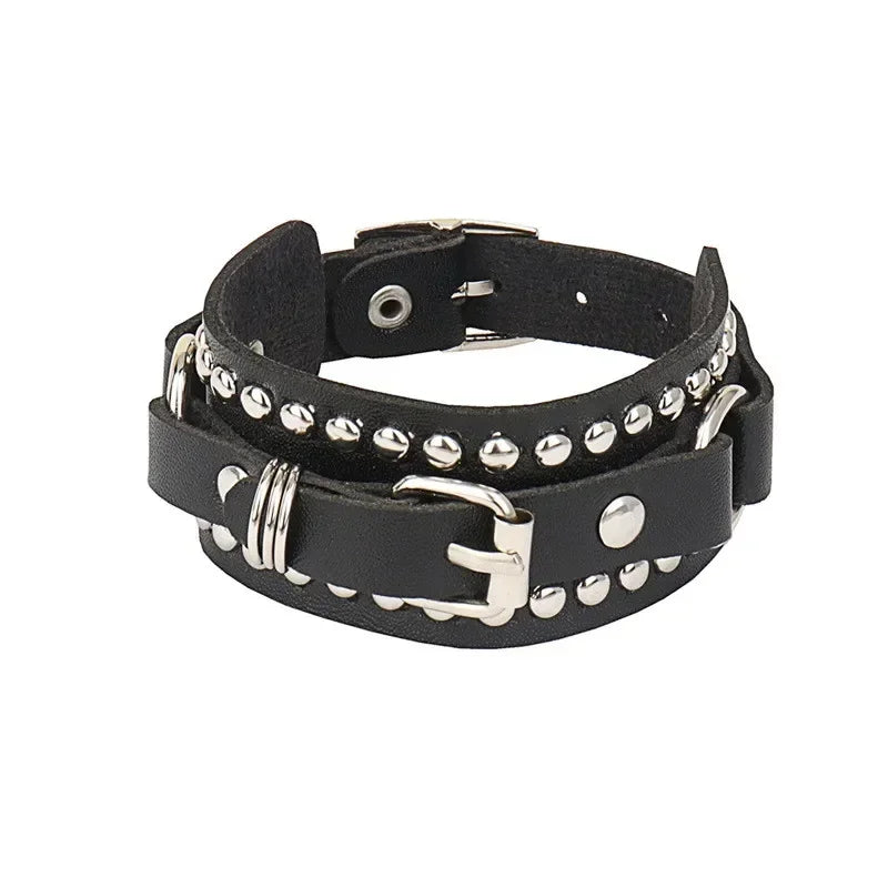 PU Leather Studded Gothic Cuff Bracelet Adjustable Punk Rivet Wristband for Men and Women