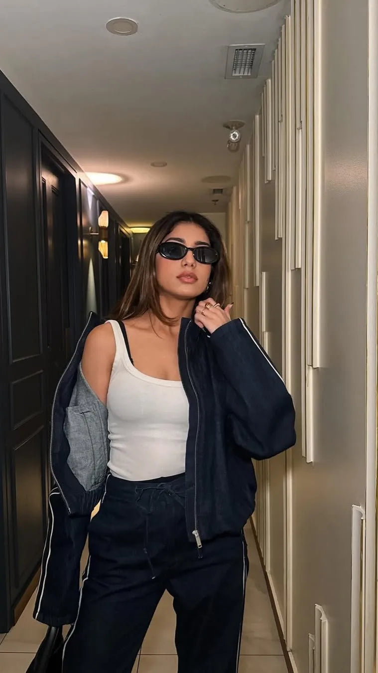 Women High Street Denim Set with Side Stripe Zipper Jacket and Lace-Up Pants for Casual Spring Fashion