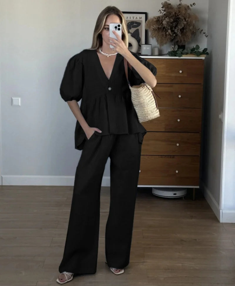 Elegant 2 Piece Set Women Casual V Neck Short Sleeve Button Vest Top and Wide Leg Pants Suit