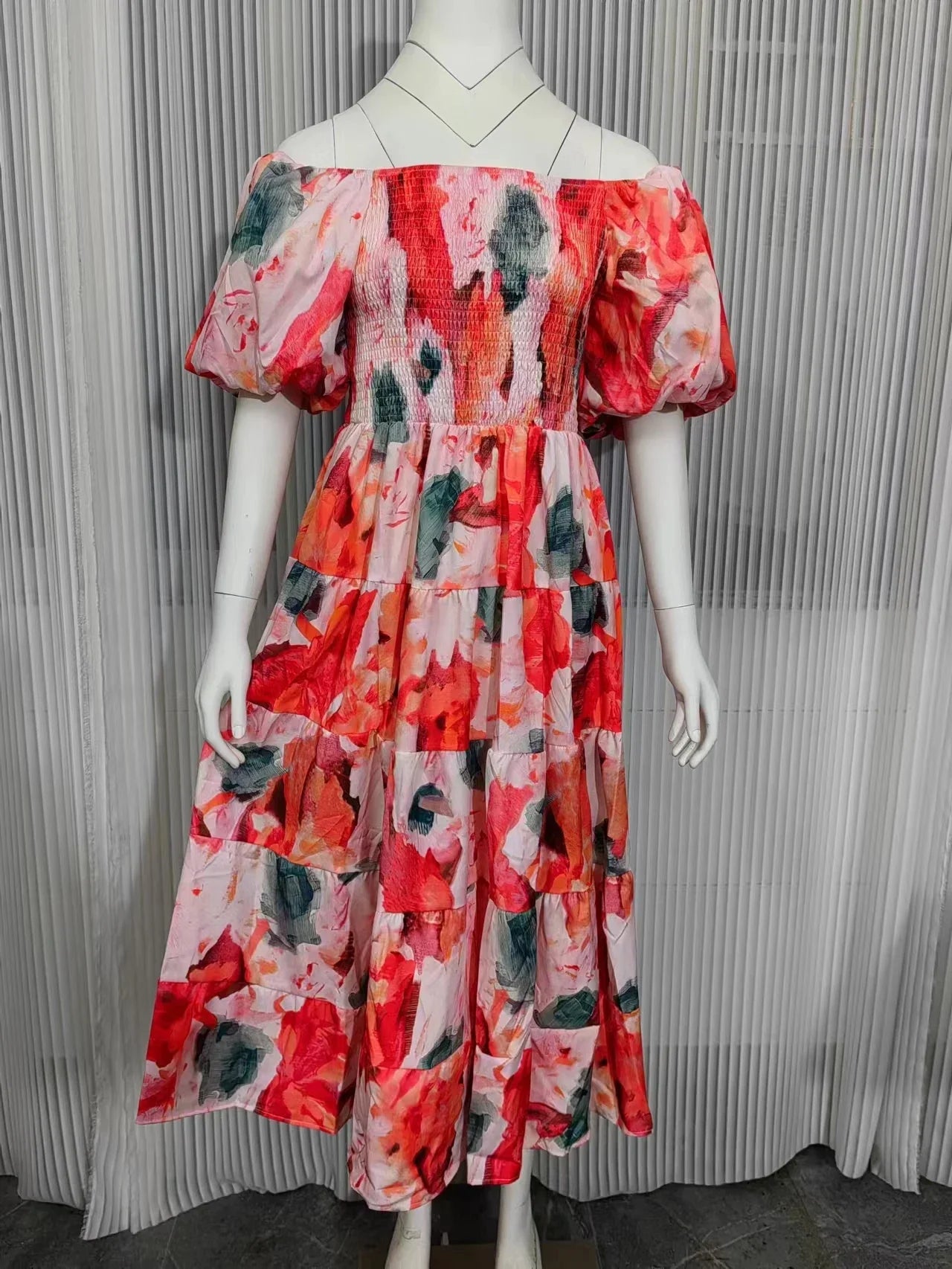 One Shoulder Summer Dress With Square Neck Lantern Sleeves