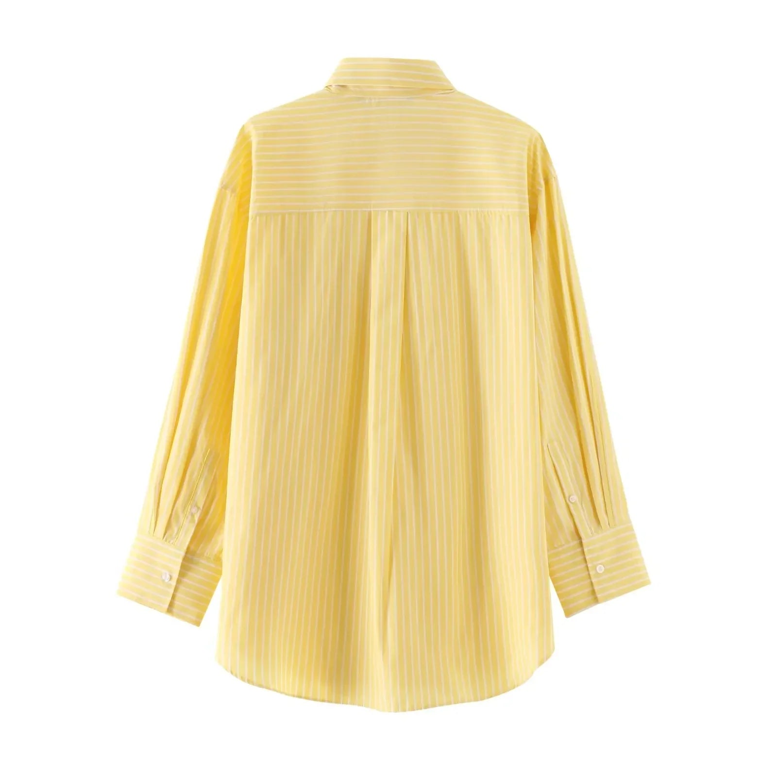 Casual Women Striped Butter Yellow Shirt Vintage Thin Fabric Turn-Down Collar Single Breasted Button-Up Top