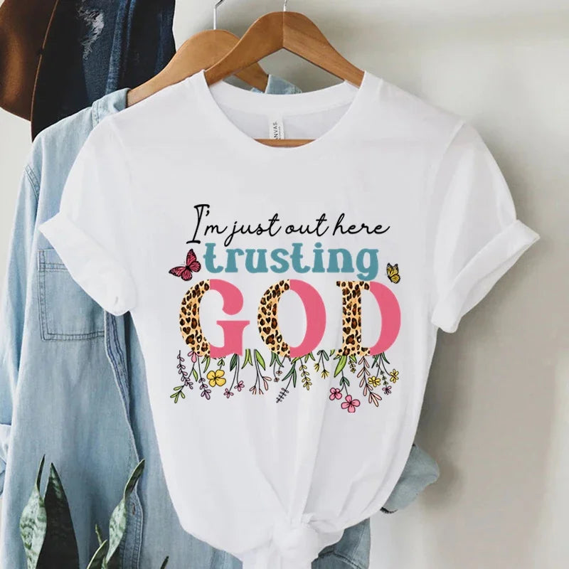 Vintage Christian Trusting God Print T Shirt for Women Short Sleeve Faith Summer Tee