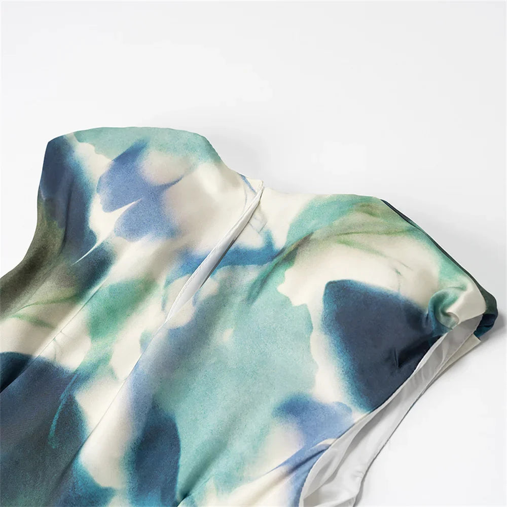 Silk Texture Printed Midi Dress Sleeveless Slim Fit