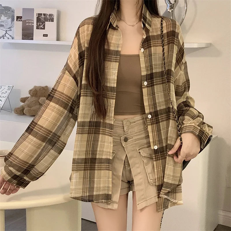 Breezy Oversized Plaid Shirt for Women Long Sleeve Collared Button-Down Blouse Casual Spring Summer Boyfriend Style Top