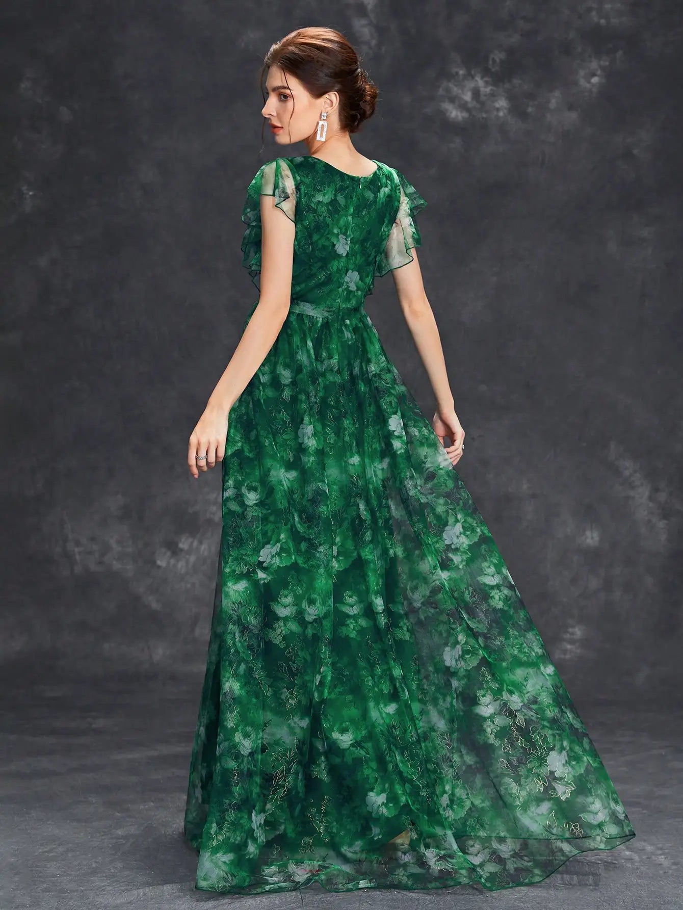 V Neck Lace Patchwork Evening Gown With Ruffled Sleeves