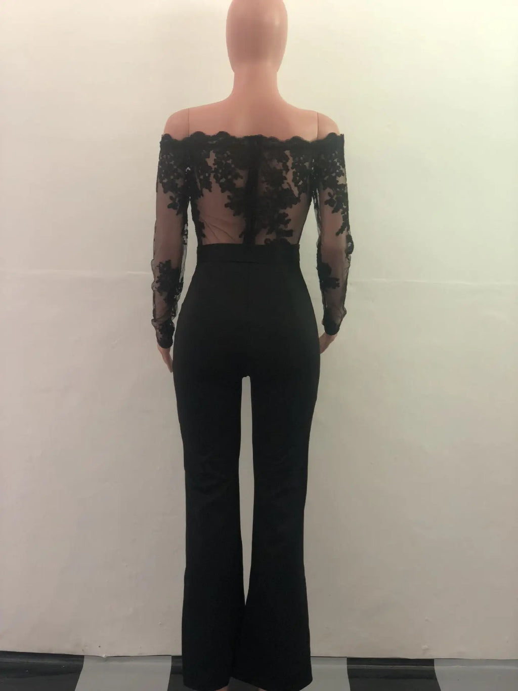 Appliques Lace Patchwork Off Shoulder Jumpsuit for Women with Slash Neck Long Sleeve and Elegant Wide Leg Pants Party Overalls