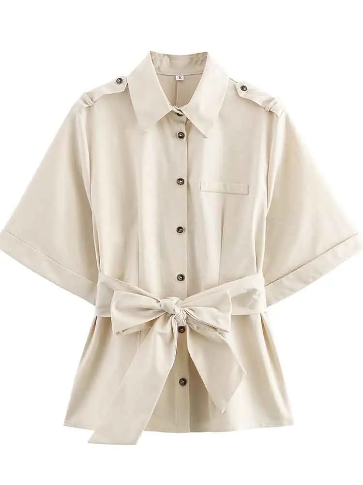 Versatile Women's Slim Fit Short Sleeve Lapel Shirt with Decorative Belt Strap and Curling Detail