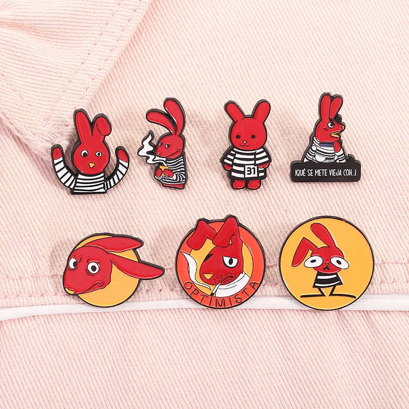 Humorous Anime Character Enamel Pins Red Eared Rabbit Brooch for Backpack and Jewelry Gifts