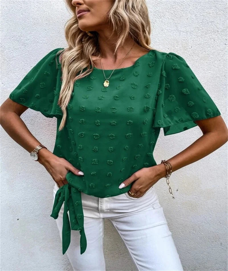 Casual Short Sleeved Woven Jacquard T-Shirt in Pure Color for Spring and Summer Fashion