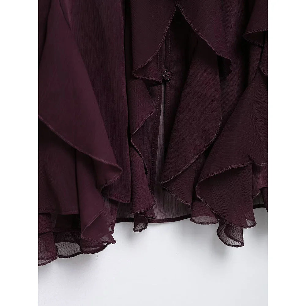 Loose Fit Burgundy Mesh Ruffle Shirt with Flutter Sleeves and Stacked Decorative Design for Women