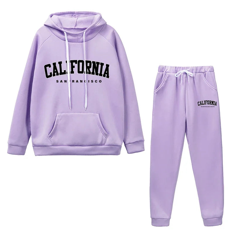 Womens California Letter Printing Hooded Tracksuit Set High Quality Casual Jogging Sweatshirt and Pants
